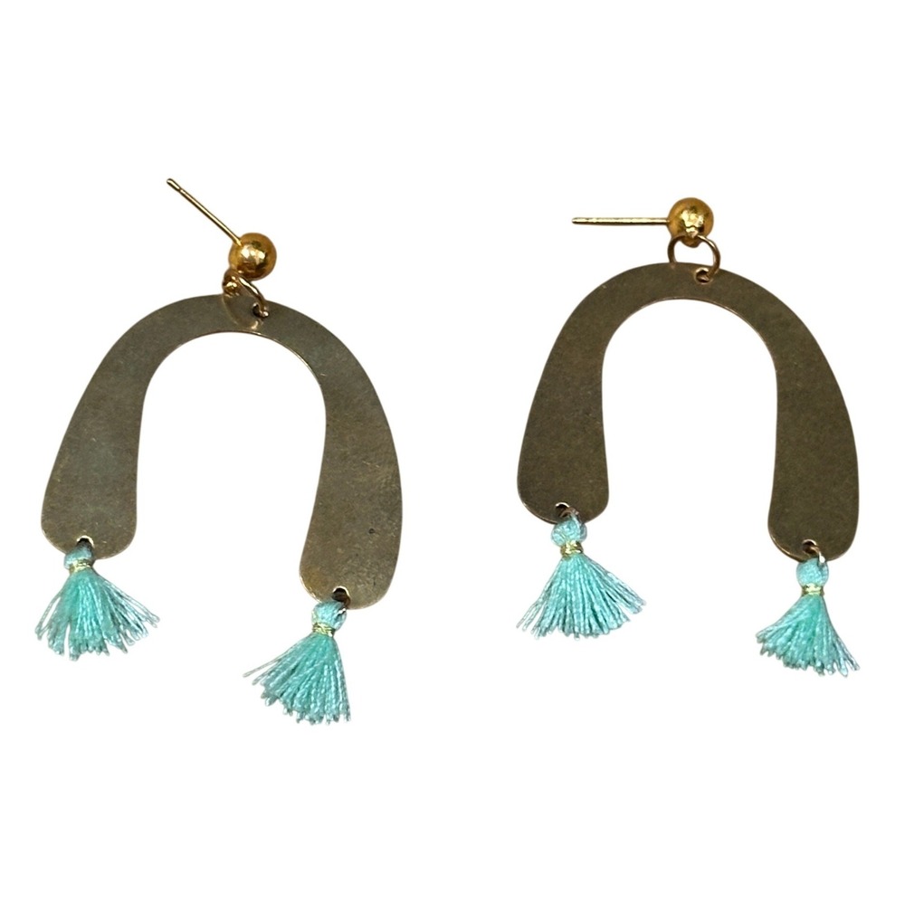 Handcrafted Brass Arch Tassel Earrings Gold Mint Green Geometric Boho Drop Studs